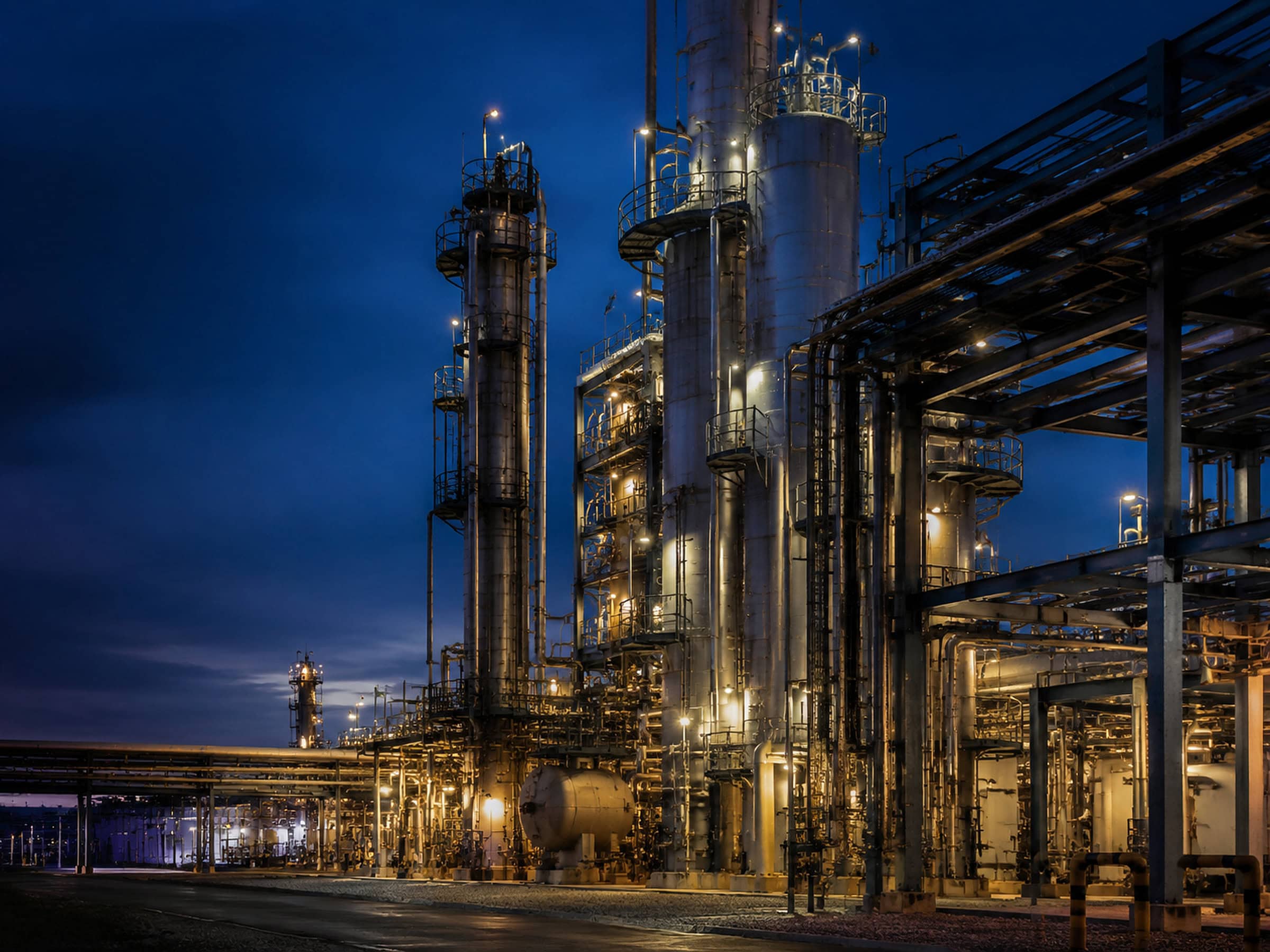Petrochemical processing plant at night